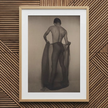 Male Nude Draped in Vetti - Lionel Wendt Queer Art Print / Canvas Minimalist Wooden-framed Black-and-white Photographic Man Sheer Fabric,