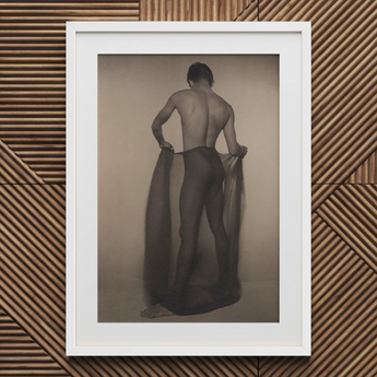 Male Nude Draped in Vetti - Lionel Wendt Queer Art Print / Canvas White-framed Black-and-white Muscular Man Dark Fabric, Cultural Drapery