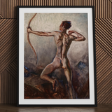Desnudo masculino con arco tensado - Lámina artística de H. Willard Ortlip / Lienzo, 24x32’’ / 61x81cm / Marco negro / Paspartú, Pósters, impresiones y arte visual