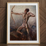 Desnudo masculino con arco tensado - Lámina artística de H. Willard Ortlip / Lienzo, 24x32’’ / 61x81cm / Marco natural / Paspartú, Pósters, impresiones y arte visual