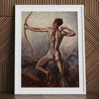 Desnudo masculino con arco tensado - Lámina artística de H. Willard Ortlip / Lienzo, 24x32’’ / 61x81cm / Marco blanco / Paspartú, Pósters, impresiones y arte visual
