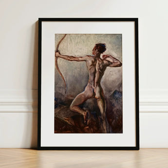 Male Nude with Drawn Bow - H. Willard Ortlip Art Print / Canvas Black-framed Figure Dynamic Pose, Mythical Archer, Sculpted Flesh Prints