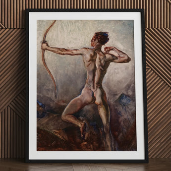 Male Nude with Drawn Bow - H. Willard Ortlip Art Print / Canvas Black Framed Figure White, Mythical Archer, Sculpted Flesh Prints
