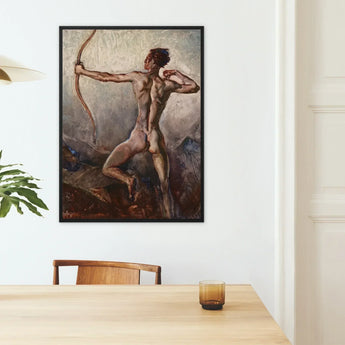 Male Nude with Drawn Bow - H. Willard Ortlip Art Print / Canvas Framed Painting Figure Rendered Earthy, Mythical Archer, Sculpted Flesh