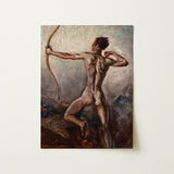 Male Nude with Drawn Bow - H. Willard Ortlip Art Print / Canvas Textured Earth-toned Oil Painting Muscular Figure, Mythical Archer,