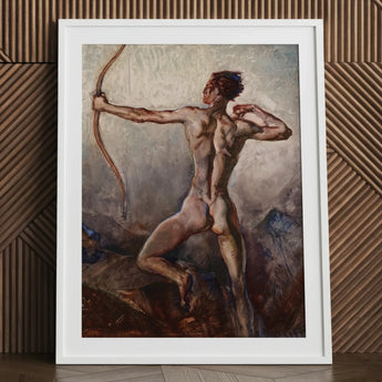Male Nude with Drawn Bow - H. Willard Ortlip Art Print / Canvas White Framed Figure Painting Brown Gold, Mythical Archer, Sculpted Flesh