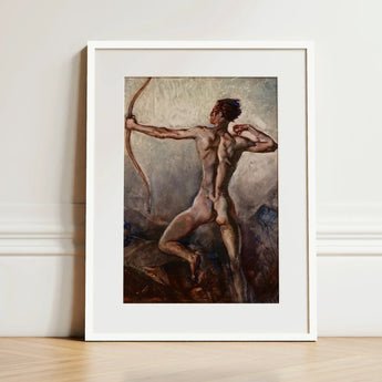 Male Nude with Drawn Bow - H. Willard Ortlip Art Print / Canvas White-framed Muscular Figure Dynamic, Mythical Archer, Sculpted Flesh Prints