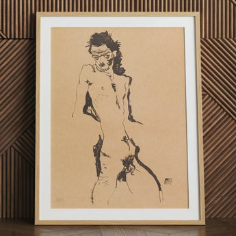 Litografía de desnudo masculino - Lámina artística de Egon Schiele / Lienzo, 24x32’’ / 61x81cm / Marco natural / Paspartú, Pósters, láminas y obra visual, Toby