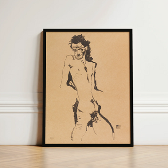 Male Nude Lithograph - Egon Schiele Art Print / Canvas Black-framed Artwork Sketch Figure Ink Beige Paper, Hunger Pressed, Prints