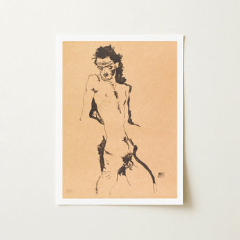 Male Nude Lithograph - Egon Schiele Art Print / Canvas Framed Black Ink Sketch Beige Paper Figure, Hunger Pressed, Prints