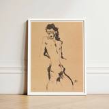 Male Nude Lithograph - Egon Schiele Art Print / Canvas Framed Black Ink Sketch Figure Beige Paper, Hunger Pressed, Prints