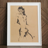 Male Nude Lithograph - Egon Schiele Art Print / Canvas Beige Framed Figure Sketch Poster, Hunger Pressed, Prints