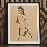 Male Nude Lithograph - Egon Schiele Art Print / Canvas Black Framed Figure Sketch Poster, Hunger Pressed, Prints