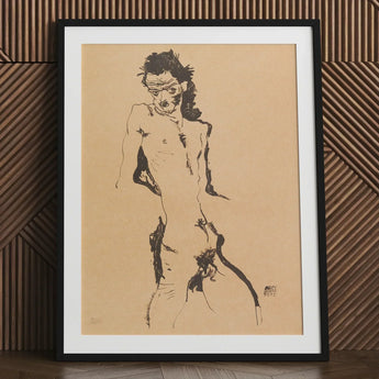 Male Nude Lithograph - Egon Schiele Art Print / Canvas Black Framed Figure Sketch Poster, Hunger Pressed, Prints