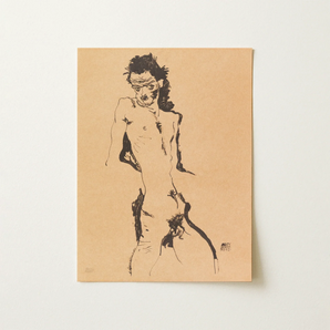 Male Nude Lithograph - Egon Schiele Art Print / Canvas Black Ink Line Beige Paper Figure Expressive, Hunger Pressed, Prints