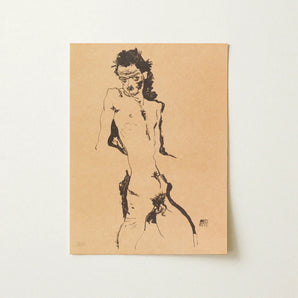 Male Nude Lithograph - Egon Schiele Art Print / Canvas Black Ink Line Beige Paper Figure Expressive, Hunger Pressed, Prints