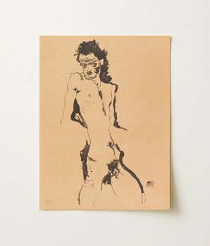 Black Ink Line Beige Paper Nude Figure Expressive Egon Schiele Art, Hunger Pressed, Male Lithograph