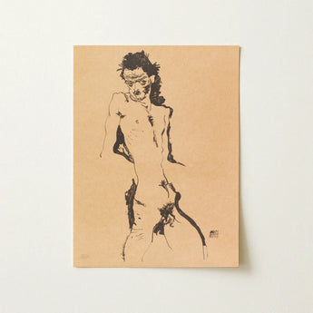 Male Nude Lithograph - Egon Schiele Art Print / Canvas Black Ink Line Beige Paper Figure Expressive, Hunger Pressed, Prints