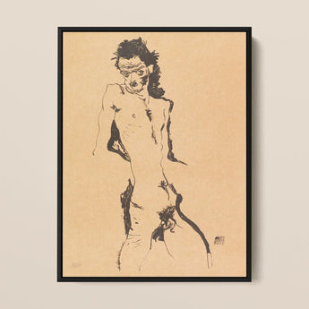 Male Nude Lithograph - Egon Schiele Art Print / Canvas Framed Black Ink Sketch Beige Paper Figure, Hunger Pressed, Prints
