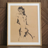 Male Nude Lithograph - Egon Schiele Art Print / Canvas Framed Sketch Beige Paper Wooden Frame White, Hunger Pressed, Prints