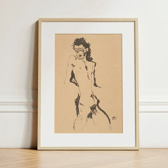 Male Nude Lithograph - Egon Schiele Art Print / Canvas Minimalist Framed Artwork Bold Black Ink Sketch, Hunger Pressed, Prints