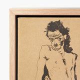 Male Nude Lithograph - Egon Schiele Art Print / Canvas Minimalist Wooden-framed Artwork Black Ink Sketch Textured Beige, Hunger Pressed,