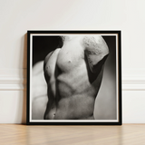 Black-framed Photographic Print Monochrome Close-up Classical Marble Statue’s Male Nude, Roman Fragment, Black-and-white Photography