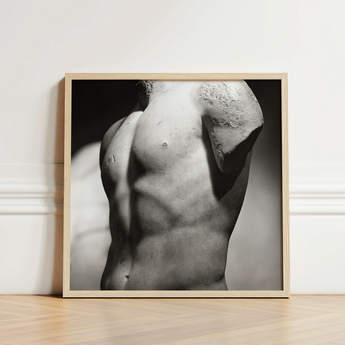 Framed Black White Photograph Classical Marble Statue’s Torso Male Nude, Roman Fragment, Black-and-white Photography Collapses, Hadrianic
