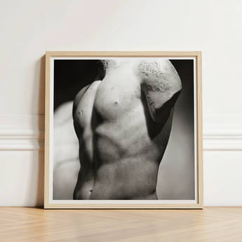 Framed Black White Photograph Classical Marble Statue’s Torso Male Nude, Roman Fragment, Black-and-white Photography Collapses, Hadrianic