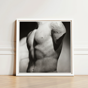 White-framed Black-and-white Photographic Print Classical Marble Statue’s Torso Male Nude, Roman Fragment, Photography Collapses, Hadrianic