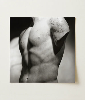 Black-and-white Photographic Print Classical Marble Sculpture Torso Defined Male Nude, Roman Fragment, Photography Collapses, Hadrianic