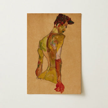 Male Nude in Profile Facing Right (1910) - Egon Schiele Art Print / Canvas Vibrant Expressionistic Painting Figure Bold Yellow Red