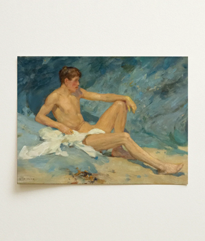 Vintage-style Oil Painting Nude Young Man Sand Blue Henry Scott Tuke, Paints, Bronzed Flesh Tones