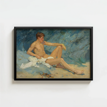 Framed Oil Painting Nude Young Man Sand Blue Henry Scott Tuke, Paints, Bronzed Flesh Tones