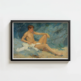 Framed Oil Painting Nude Male Figure Seated Sand Henry Scott Tuke, Paints, Bronzed Flesh Tones