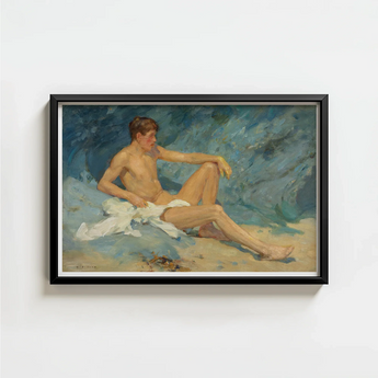 Framed Oil Painting Nude Male Figure Seated Sand Henry Scott Tuke, Paints, Bronzed Flesh Tones