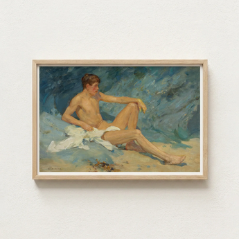 Framed Oil Painting Nude Male Figure Sand Rendered Henry Scott Tuke, Paints, Bronzed Flesh Tones