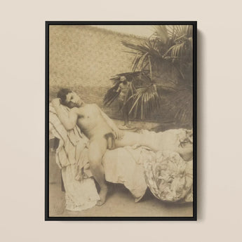 Male Nude Reclining - Vincenzo Galdi Fine Art Print / Canvas Black-framed Sepia-toned Art Print Nude Figure Draped Fabric Vincenzo Galdi’s