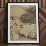 Male Nude Reclining - Vincenzo Galdi Fine Art Print / Canvas Black Framed Sepia-toned Photograph Man Draped Fabric Tropical Vincenzo