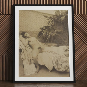 Male Nude Reclining - Vincenzo Galdi Fine Art Print / Canvas Black Framed Sepia-toned Photograph Man Draped Fabric Tropical Galdi’s