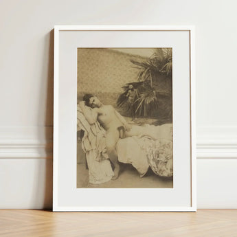 Male Nude Reclining - Vincenzo Galdi Fine Art Print / Canvas Vintage Sepia-toned Framed Photograph Figure Palm Fronds Galdi’s 19th-century,