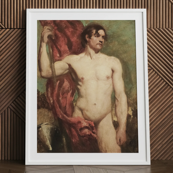 Male Nude Standard Bearer - William Etty Kunstdruck / Leinwand, 24x32’’ / 61x81cm / Weißer Rahmen / Passepartout, Poster Drucke & visuelle Kunstwerke,