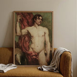 Male Nude Standard Bearer - William Etty Art Print / Canvas Framed Classical Painting Figure Draped Red, Sinewy Form Bathed Prints