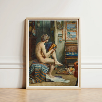 Male Nude with Accordion - Julien Renevier Art Print / Canvas Framed Man Curly Hair Striped Renevier’s, Gay, Prints