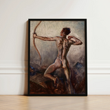 Male Nude with Drawn Bow - H. Willard Ortlip Art Print / Canvas Black-framed Painting Muscular Figure Dynamic Pose, Mythical Archer,
