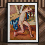 Male Nude - Wojciech Weiss Fine Art Print / Canvas Black Framed Figure Painting Blue Fabric Brown, Brushstroke Colliding, Fugitive Ecstasy