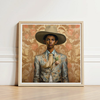Framed Portrait Man Wide-brimmed Hat Floral-patterned Suit Set Cowboy Spirit’s Queer, Transman Tamil, Elegant Outlaw’s