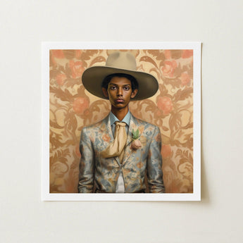 Mallaravan - Tamil Transgender Cowboy Art Print / Canvas Framed Portrait Man Ornate Light-toned Floral-patterned Suit Spirit’s Queer,