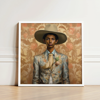 Framed Portrait Man Ornate Patterned Suit Wide-brimmed Hat Cowboy Spirit’s Queer, Transman Tamil, Elegant Outlaw’s