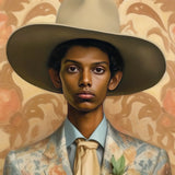 Mallaravan - Tamil Transgender Cowboy Art Print / Canvas Beige Wide-brimmed Hat Floral Patterned Suit Green Leaf Spirit’s Queer, Transman,